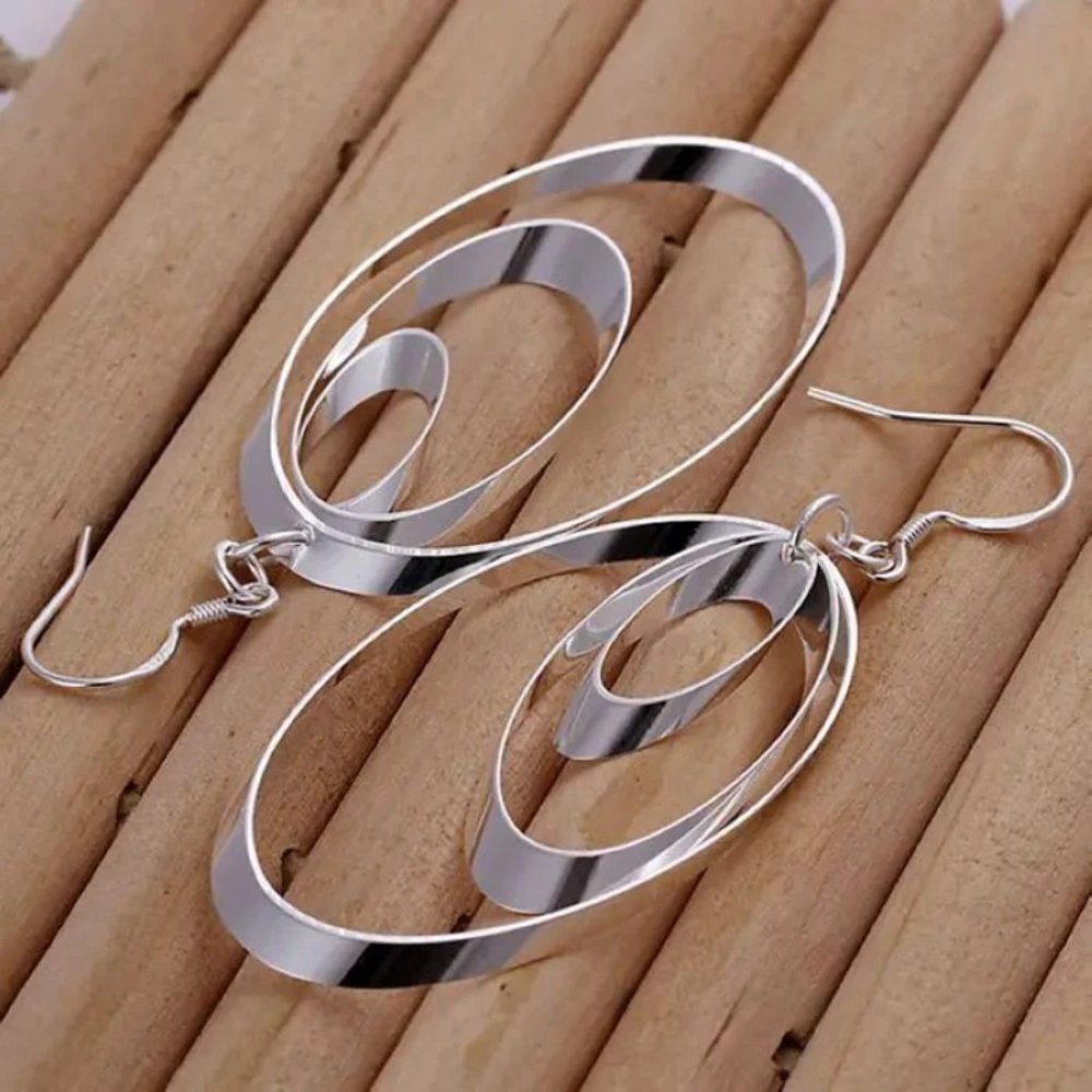 Gorgeous .925 Sterling Silver 3 Ovals Hanging Earrings - Picture 4 of 8